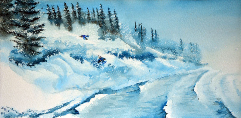 Winter snow and wind pelt the shores of Cold Lake in this stylized water colour by James Arnott.
